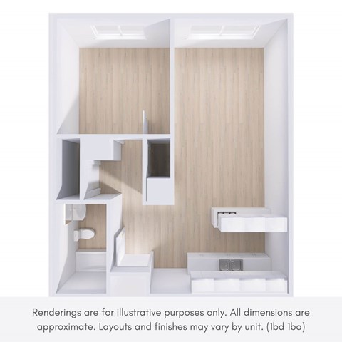 A rendering of a small, modern kitchen with a sink, stove, and shelves.